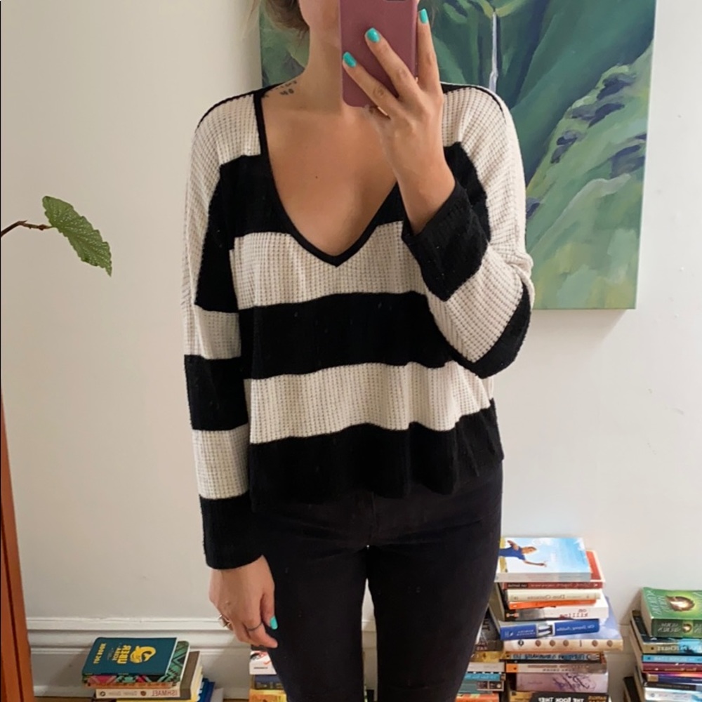Black and white stripe baggy waffle sweater